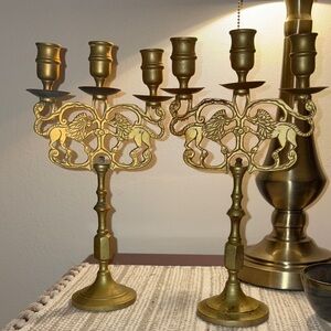 2 Vintage Solid Brass Lions of Judah Sabbath Candelabras Triple Candle Holder
